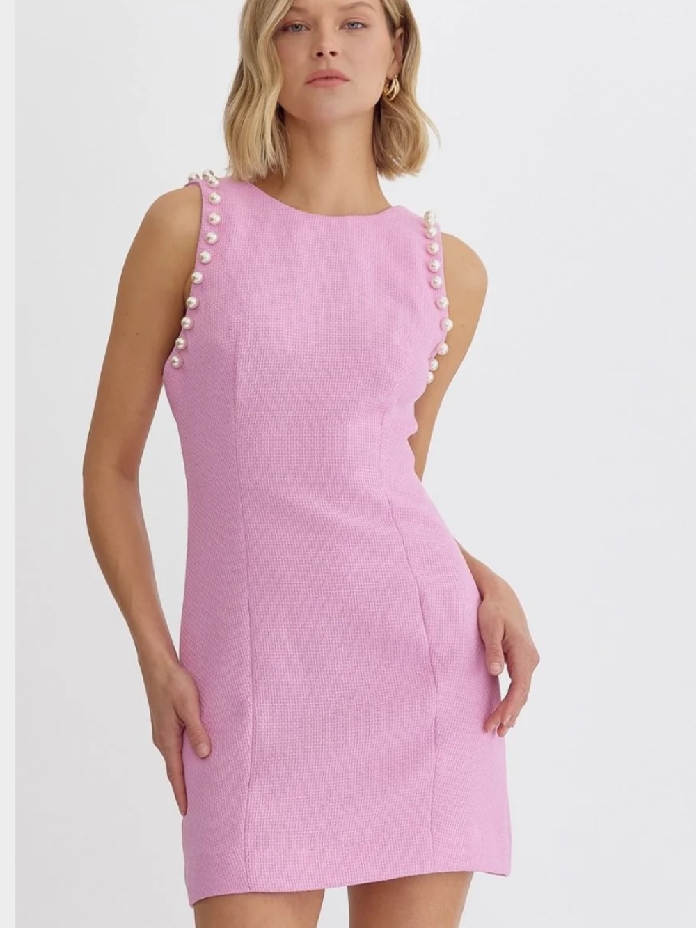 entro Pink Pearl-Trim Sheath Tweed Dress